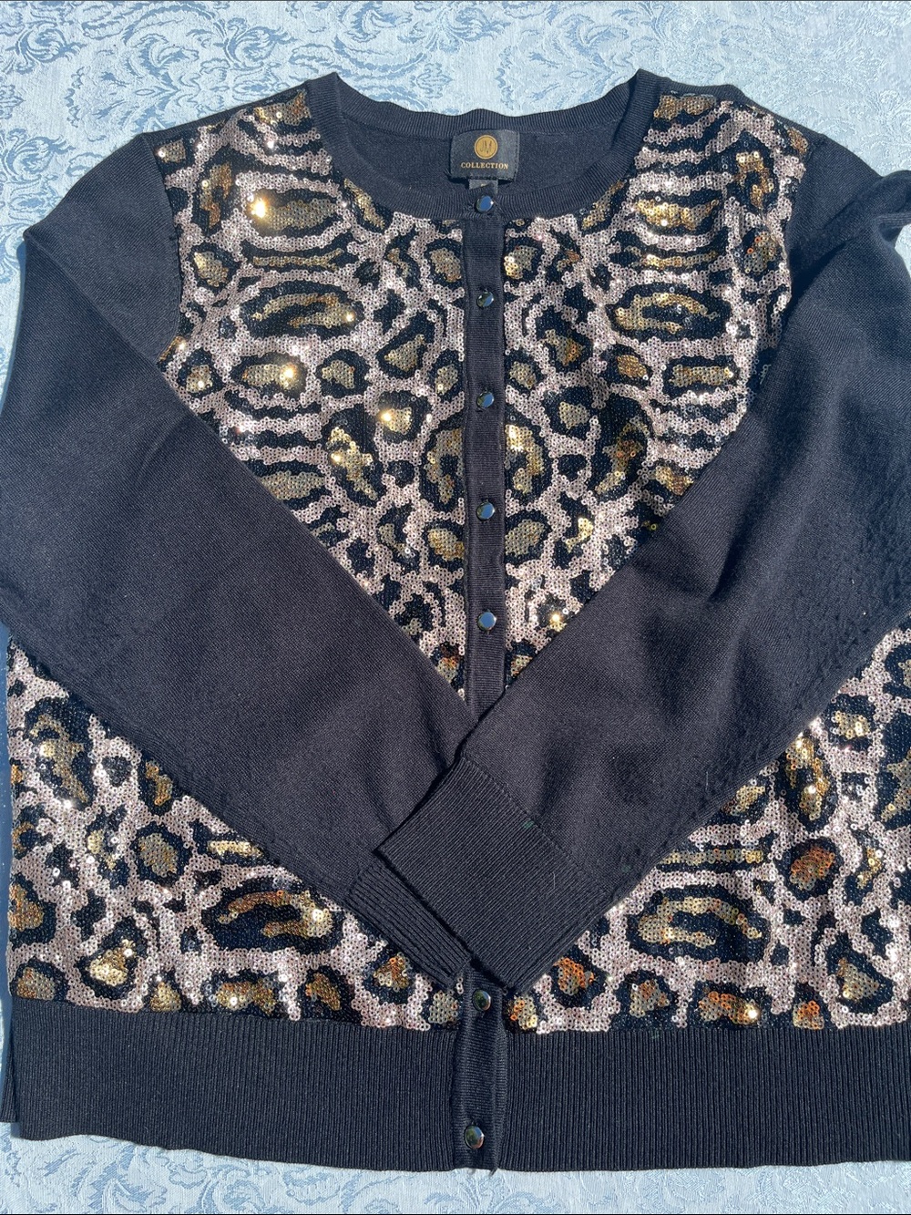 JM Collection Black Cardigan with Gold Leopard Sequin Panels PL
